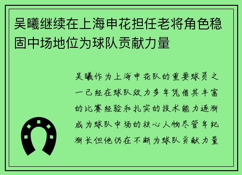 吴曦继续在上海申花担任老将角色稳固中场地位为球队贡献力量