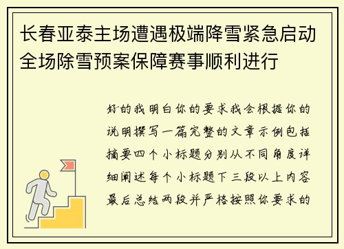 长春亚泰主场遭遇极端降雪紧急启动全场除雪预案保障赛事顺利进行 长春亚泰主场遭遇极端降雪紧急启动全场除雪预案保障赛事顺利进行